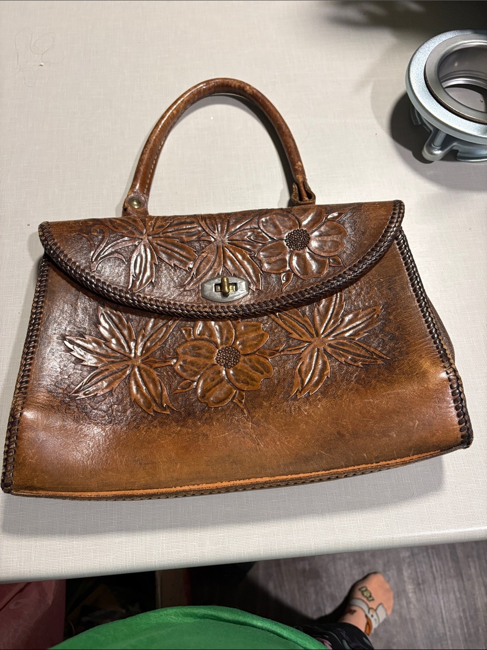 Handcrafted Brown Leather Floral Tooled Top-Handle Bag